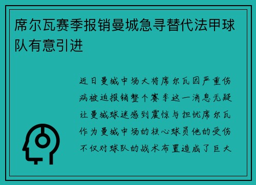 席尔瓦赛季报销曼城急寻替代法甲球队有意引进